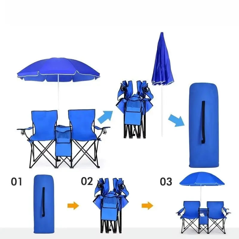 Double folding camping chair with umbrella and cooler bag, portable high-quality picnic chair set with cup holder - Velvet Haven