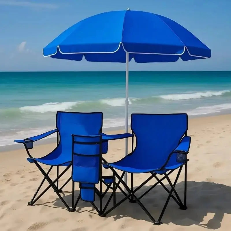 Double folding camping chair with umbrella and cooler bag, portable high-quality picnic chair set with cup holder - Velvet Haven