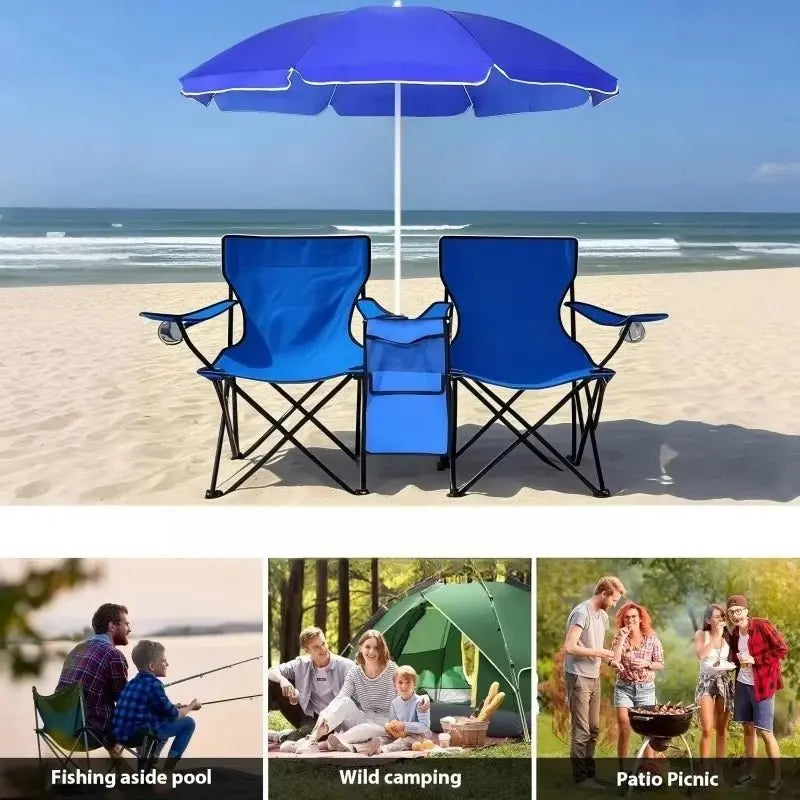 Double folding camping chair with umbrella and cooler bag, portable high-quality picnic chair set with cup holder - Velvet Haven