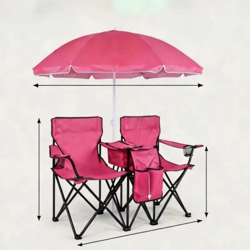 Double folding camping chair with umbrella and cooler bag, portable high-quality picnic chair set with cup holder - Velvet Haven