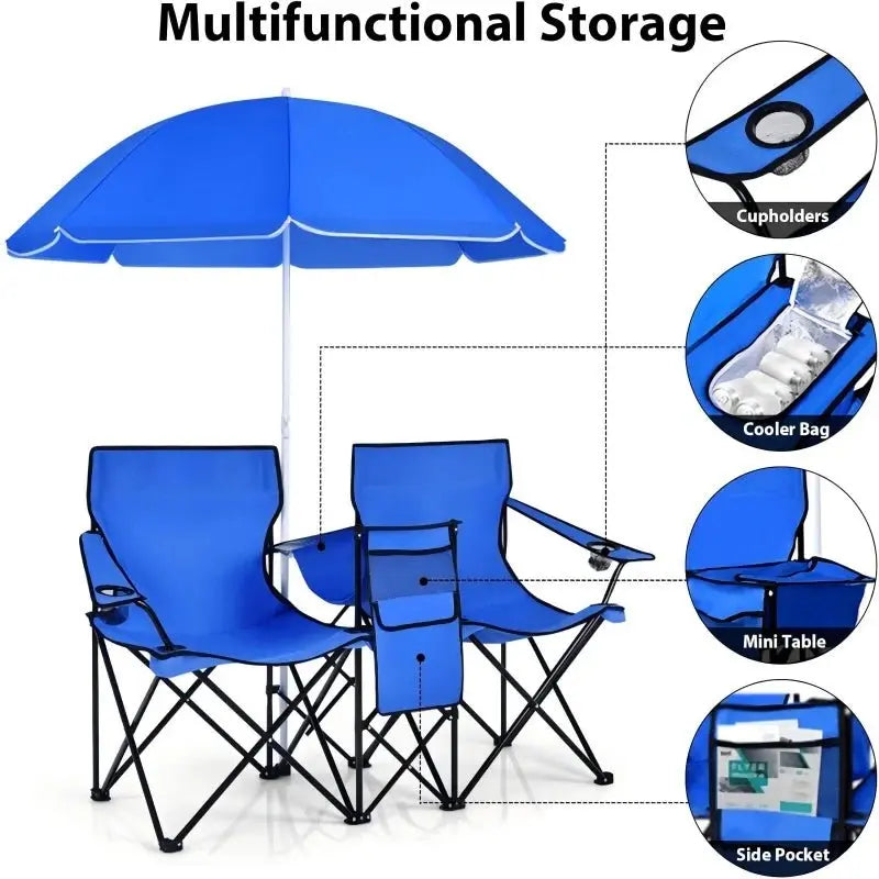 Double folding camping chair with umbrella and cooler bag, portable high-quality picnic chair set with cup holder - Velvet Haven