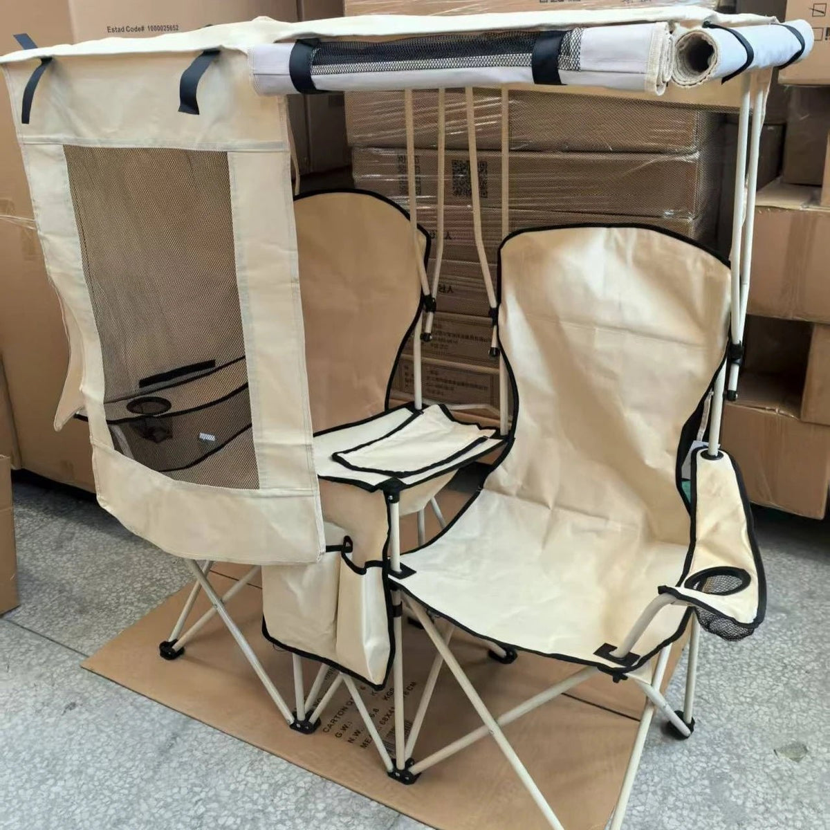 Double Folding Outdoor Lounge Chair with Sun Canopy for Camping & Backyard Relaxation - Velvet Haven