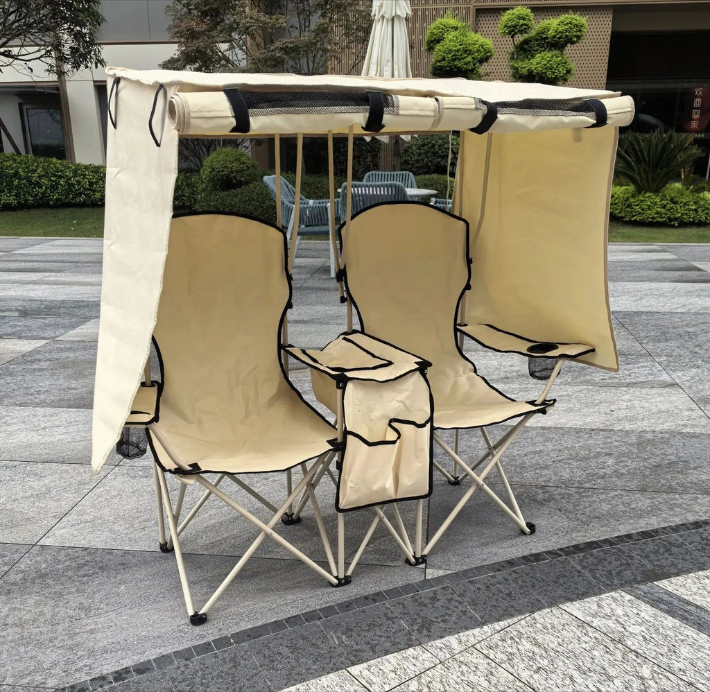 Double Folding Outdoor Lounge Chair with Sun Canopy for Camping & Backyard Relaxation - Velvet Haven