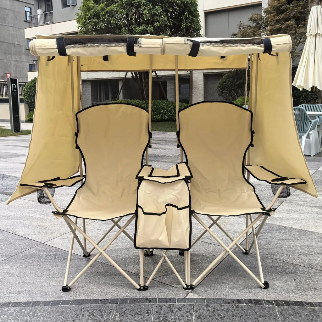 Double Folding Outdoor Lounge Chair with Sun Canopy for Camping & Backyard Relaxation - Velvet Haven