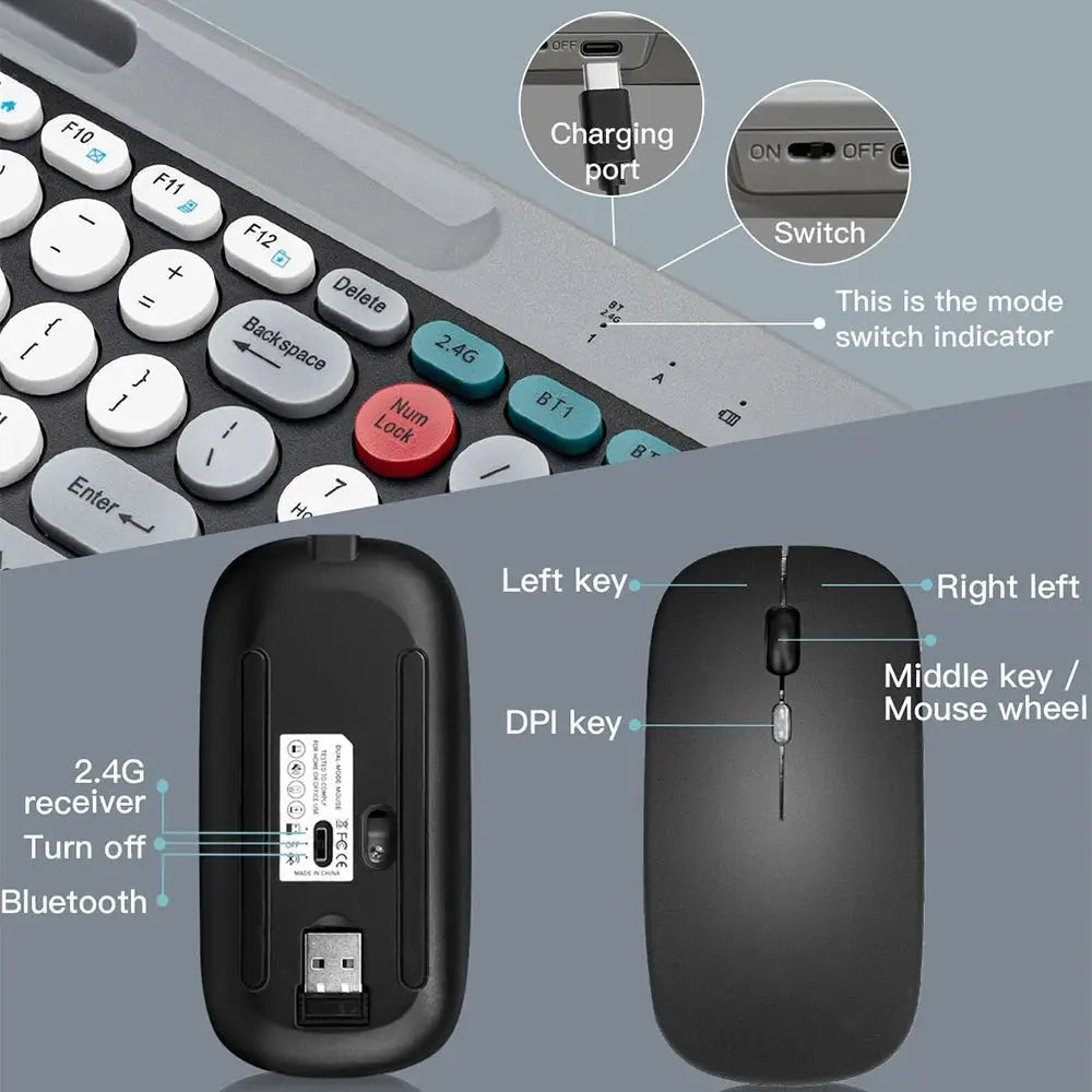 Dual Mode Wireless Keyboard And Mouse Set Vintage Punk Style Round Keycaps Rechargeable Suitable For Laptops Tablets And Desktop - Velvet Haven