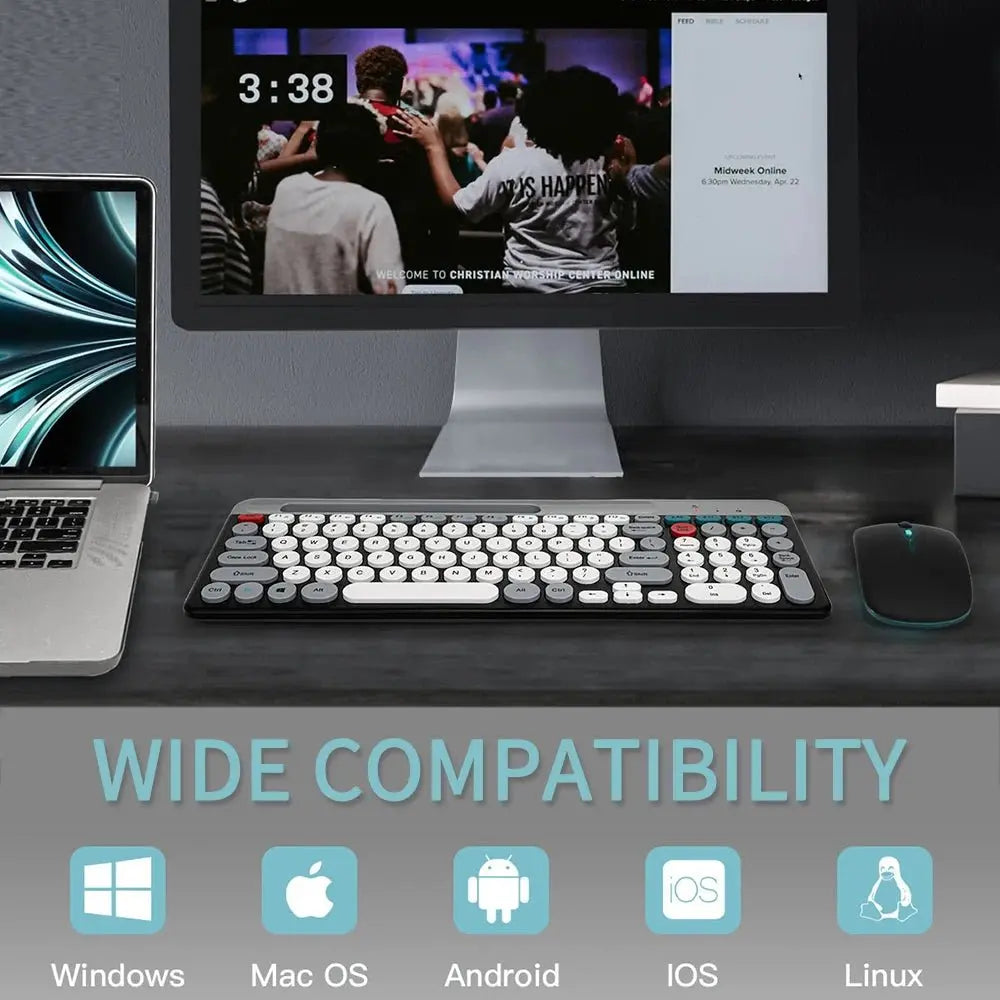 Dual Mode Wireless Keyboard And Mouse Set Vintage Punk Style Round Keycaps Rechargeable Suitable For Laptops Tablets And Desktop - Velvet Haven