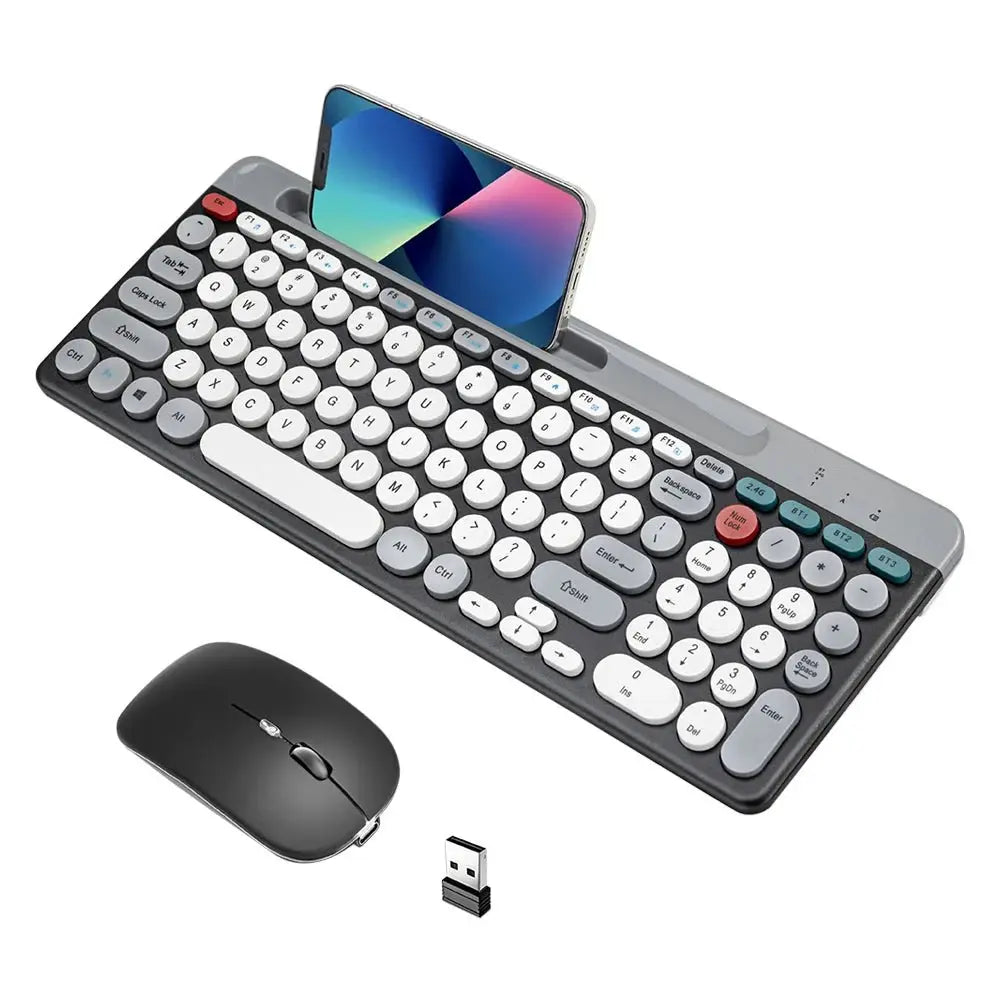 Dual Mode Wireless Keyboard And Mouse Set Vintage Punk Style Round Keycaps Rechargeable Suitable For Laptops Tablets And Desktop - Velvet Haven