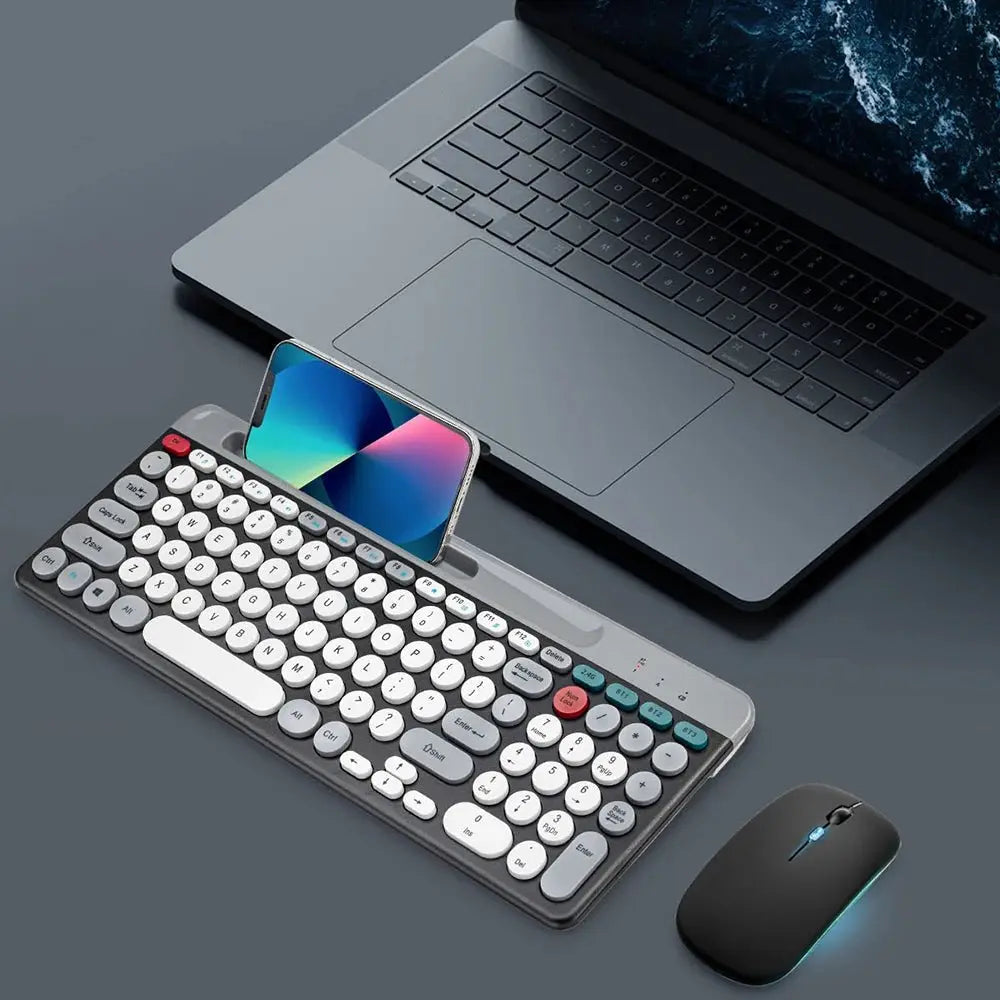 Dual Mode Wireless Keyboard And Mouse Set Vintage Punk Style Round Keycaps Rechargeable Suitable For Laptops Tablets And Desktop - Velvet Haven