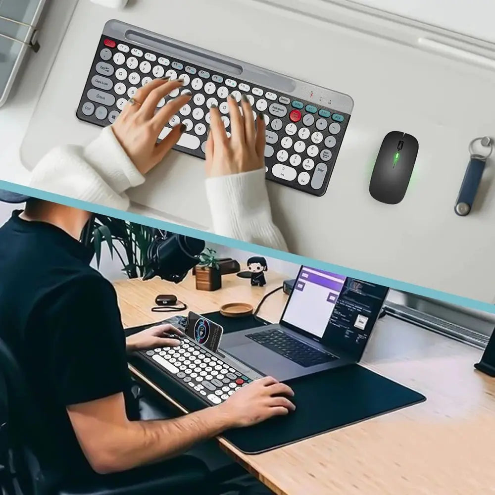 Dual Mode Wireless Keyboard And Mouse Set Vintage Punk Style Round Keycaps Rechargeable Suitable For Laptops Tablets And Desktop - Velvet Haven