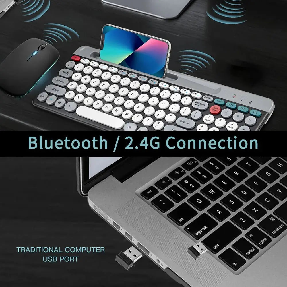 Dual Mode Wireless Keyboard And Mouse Set Vintage Punk Style Round Keycaps Rechargeable Suitable For Laptops Tablets And Desktop - Velvet Haven