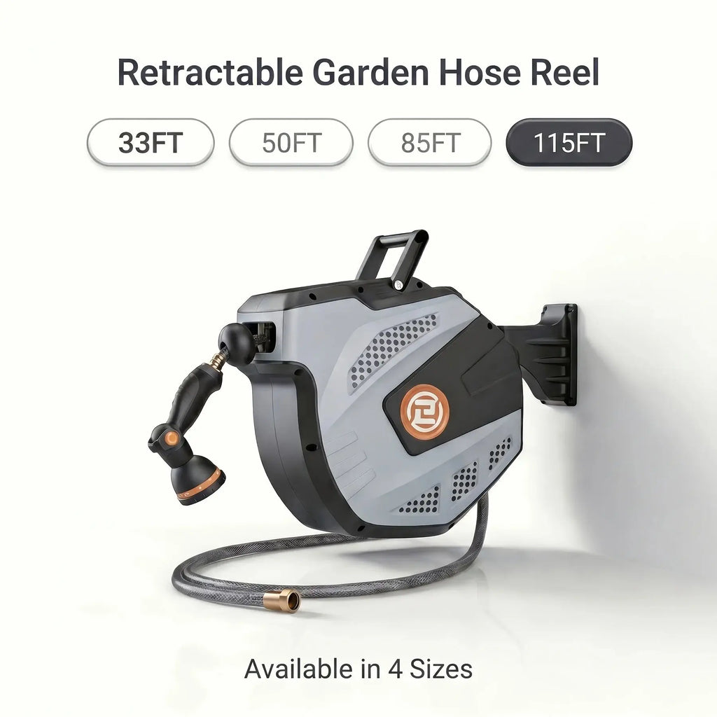 Effortless Retractable Garden Hose Reel (33ft-115ft), Wall-Mounted Automatic Rewind Water Hose Reel with 10-Function Spray Nozzle, 180° Swivel Heavy Duty for Yard & Car Washing - Velvet Haven
