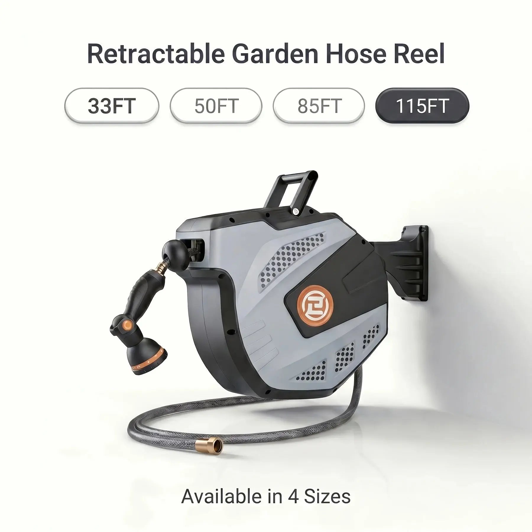 Effortless Retractable Garden Hose Reel (33ft-115ft), Wall-Mounted Automatic Rewind Water Hose Reel with 10-Function Spray Nozzle, 180° Swivel Heavy Duty for Yard & Car Washing - Velvet Haven