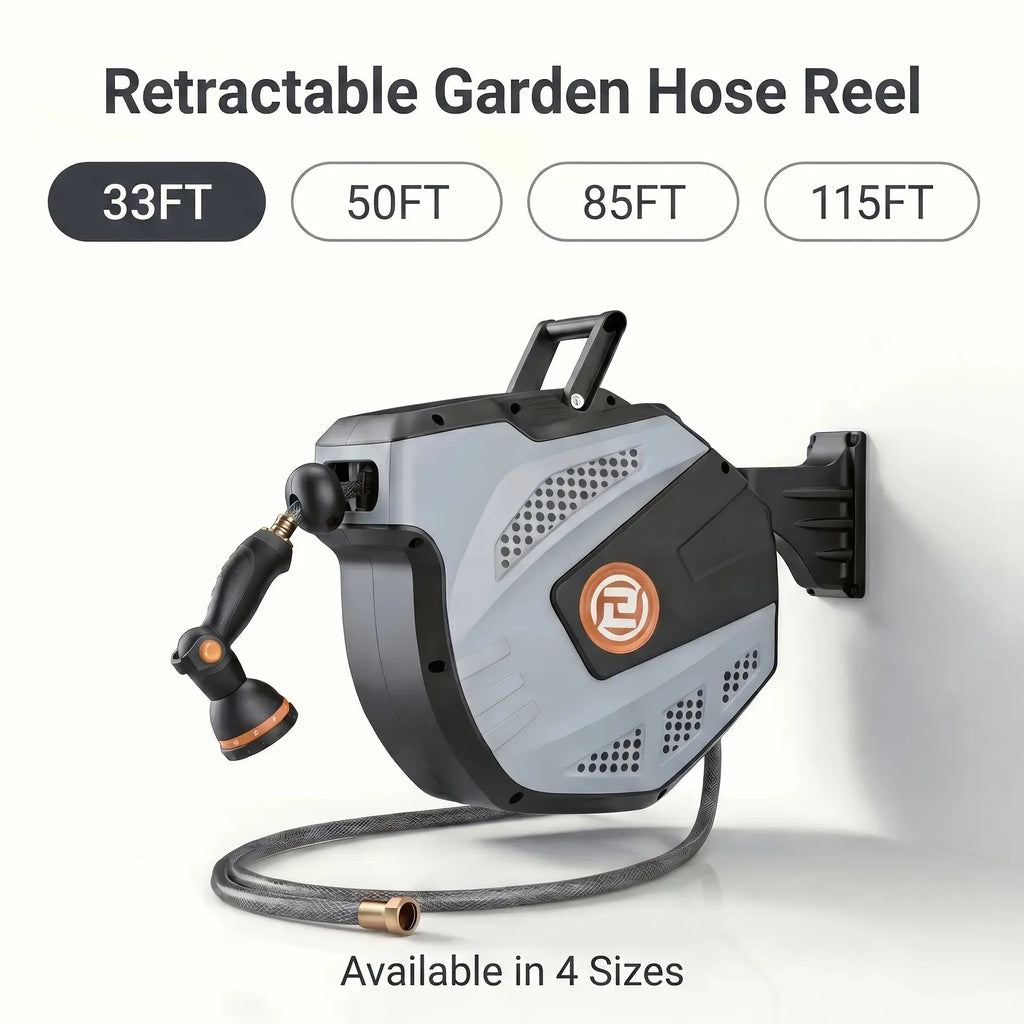 Effortless Retractable Garden Hose Reel (33ft-115ft), Wall-Mounted Automatic Rewind Water Hose Reel with 10-Function Spray Nozzle, 180° Swivel Heavy Duty for Yard & Car Washing - Velvet Haven