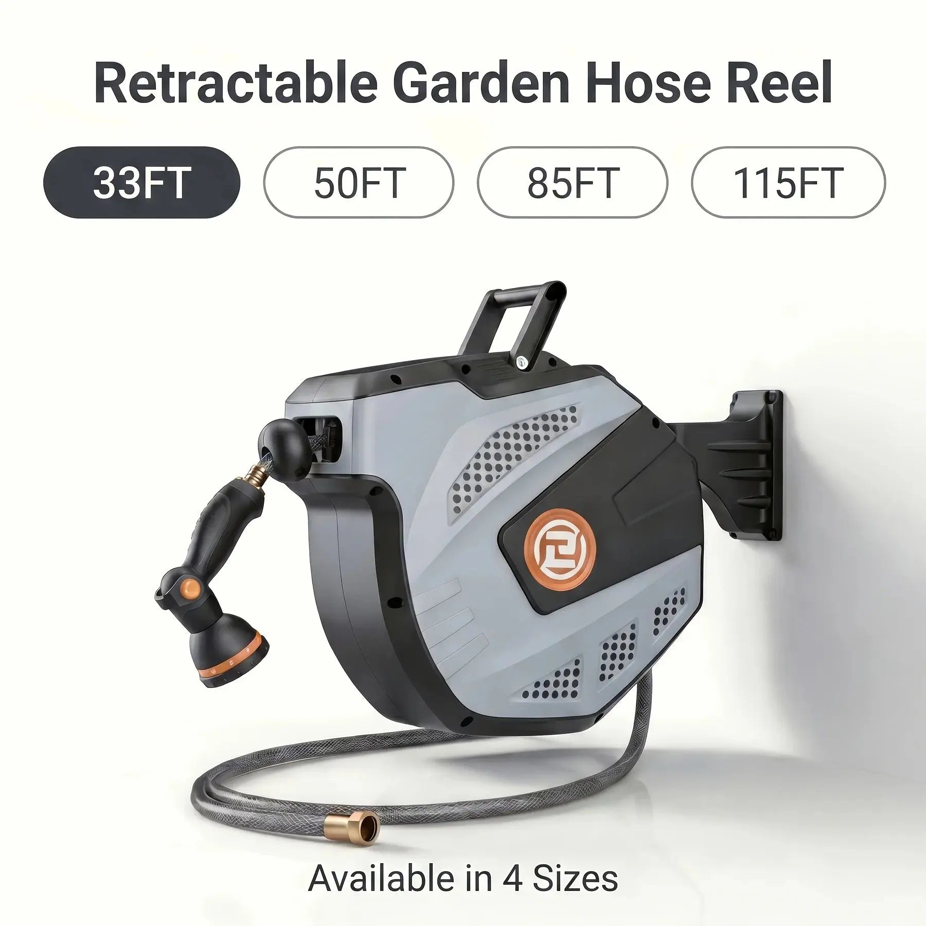 Effortless Retractable Garden Hose Reel (33ft-115ft), Wall-Mounted Automatic Rewind Water Hose Reel with 10-Function Spray Nozzle, 180° Swivel Heavy Duty for Yard & Car Washing - Velvet Haven