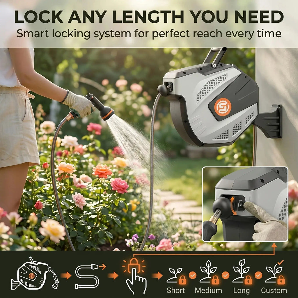 Effortless Retractable Garden Hose Reel (33ft-115ft), Wall-Mounted Automatic Rewind Water Hose Reel with 10-Function Spray Nozzle, 180° Swivel Heavy Duty for Yard & Car Washing - Velvet Haven