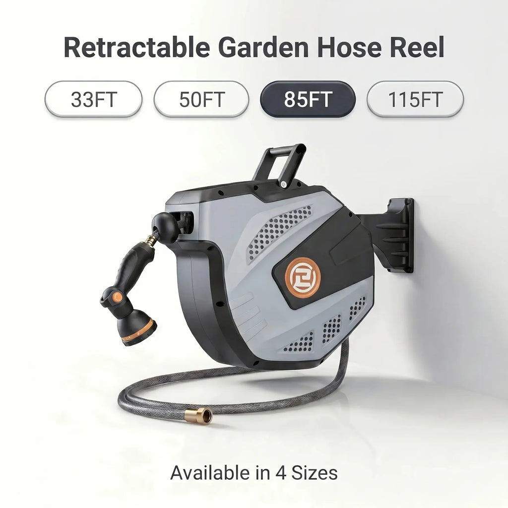 Effortless Retractable Garden Hose Reel (33ft-115ft), Wall-Mounted Automatic Rewind Water Hose Reel with 10-Function Spray Nozzle, 180° Swivel Heavy Duty for Yard & Car Washing - Velvet Haven