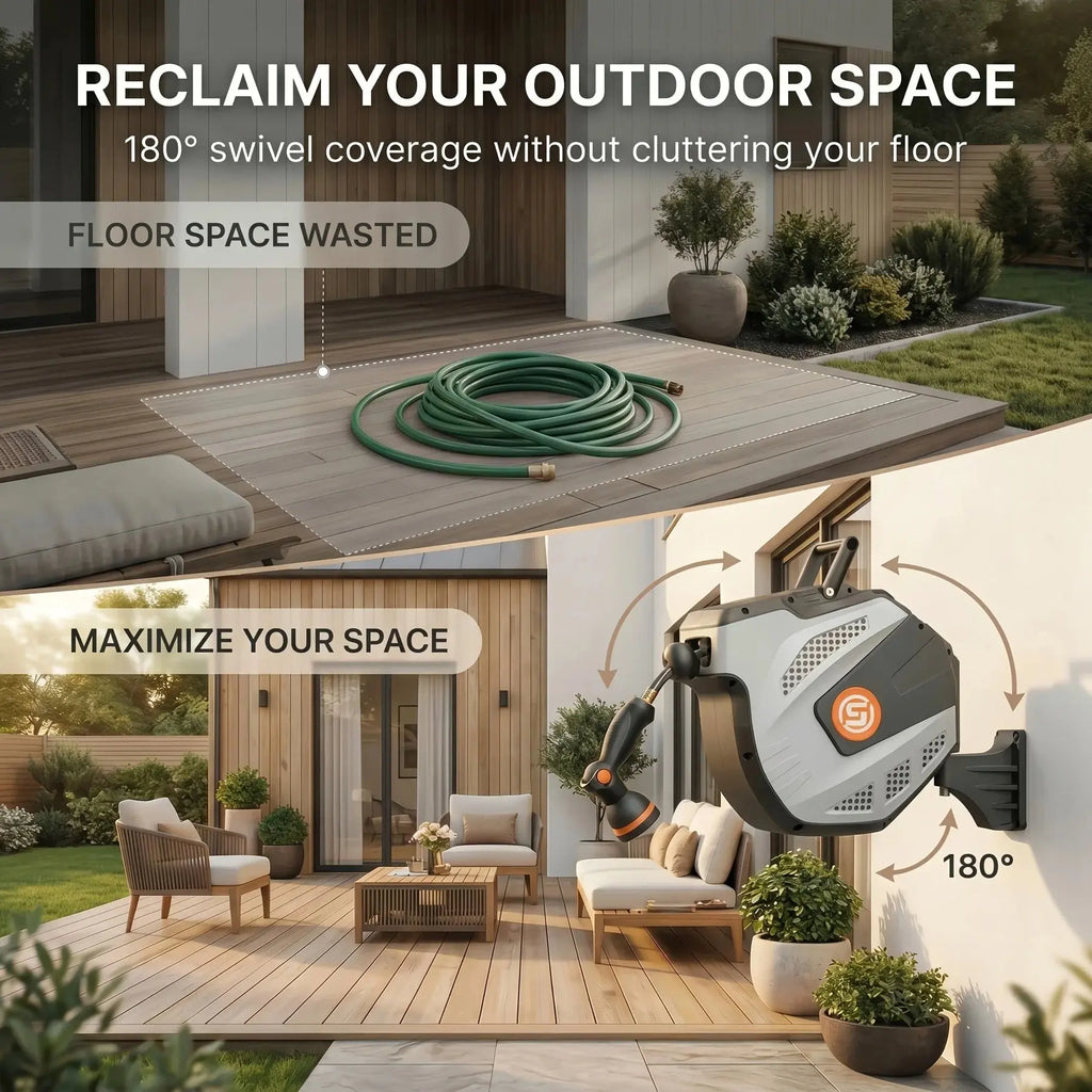 Effortless Retractable Garden Hose Reel (33ft-115ft), Wall-Mounted Automatic Rewind Water Hose Reel with 10-Function Spray Nozzle, 180° Swivel Heavy Duty for Yard & Car Washing - Velvet Haven