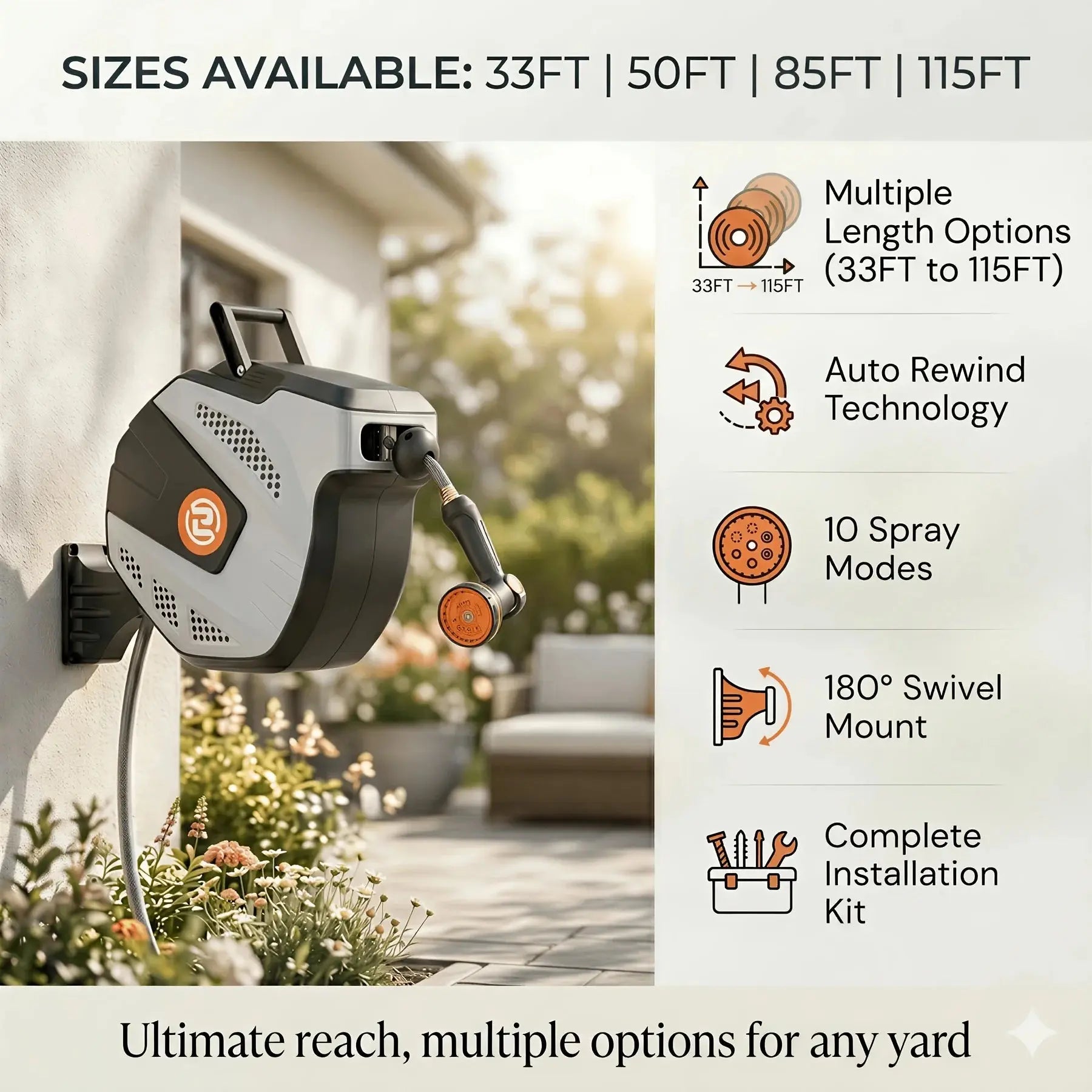 Effortless Retractable Garden Hose Reel (33ft-115ft), Wall-Mounted Automatic Rewind Water Hose Reel with 10-Function Spray Nozzle, 180° Swivel Heavy Duty for Yard & Car Washing - Velvet Haven