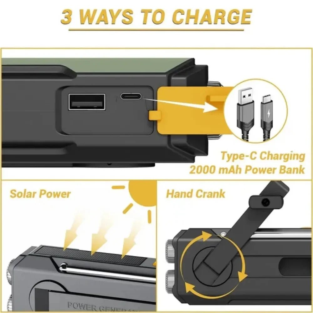 Emergency Radio AM/FM SOS Alarm Emergency Weather Flashlight Hand Crank Solar Battery Portable Radio Mobile Phone Charger - Velvet Haven