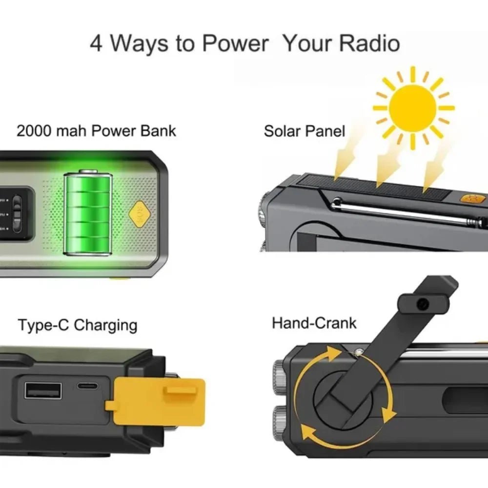 Emergency Radio AM/FM SOS Alarm Emergency Weather Flashlight Hand Crank Solar Battery Portable Radio Mobile Phone Charger - Velvet Haven
