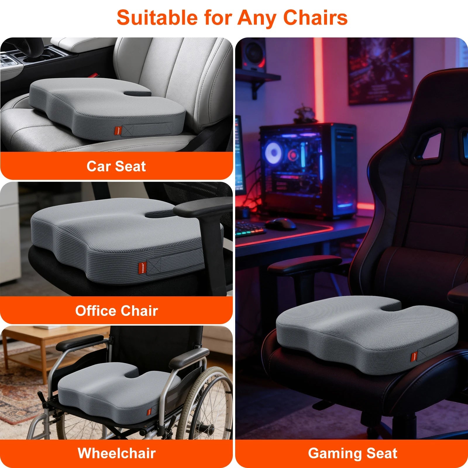 Ergonomic Hollow Out Grey Seat Pad, Breathable Quilted Fabric Cover with Memory Foam, Washable Cushion for Car & Office Chairs - Velvet Haven