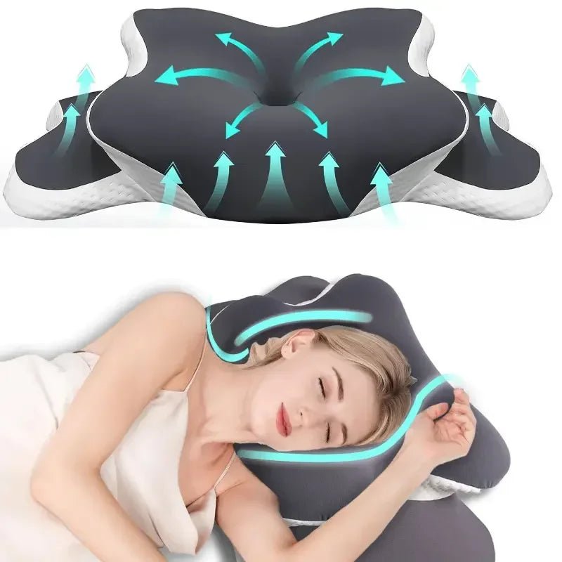 Ergonomic memory foam butterfly neck pillow, C-shaped/adjustable dual height, transparent cover support - side/supine/pillow sle - Velvet Haven