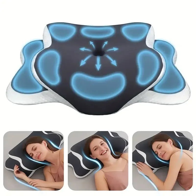 Ergonomic memory foam butterfly neck pillow, C-shaped/adjustable dual height, transparent cover support - side/supine/pillow sle - Velvet Haven