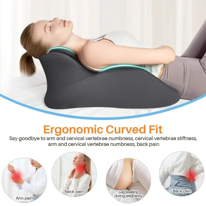 Memory foam wedge pillow with removable cover on a bed for comfortable sleeping and relaxing