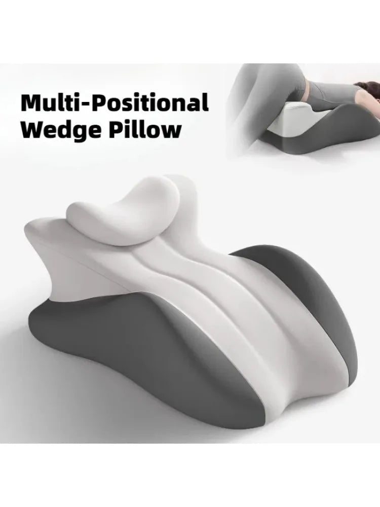 Memory foam wedge pillow with removable cover on a bed for comfortable sleeping and relaxing