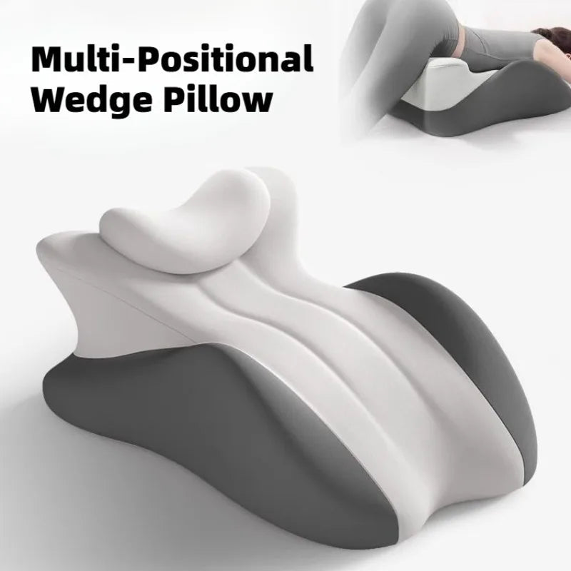 Memory foam wedge pillow with removable cover on a bed for comfortable sleeping and relaxing