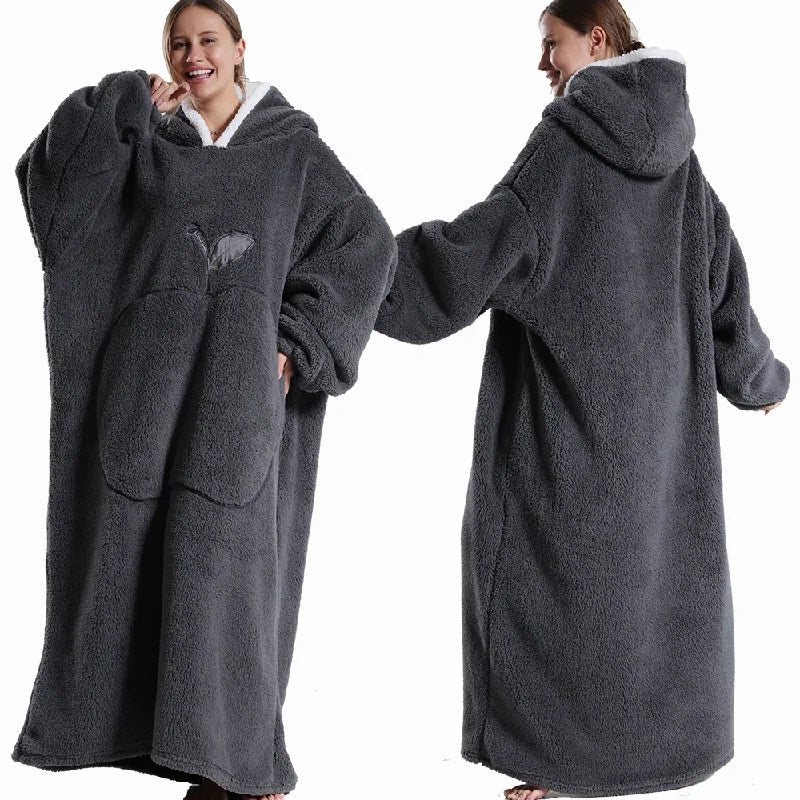 Extra Long Wearable Blankets Winter Flannel Hooded Blanket with Full Sleeves Men Women Cozy Soft Throw Adult TV Blanket - Velvet Haven