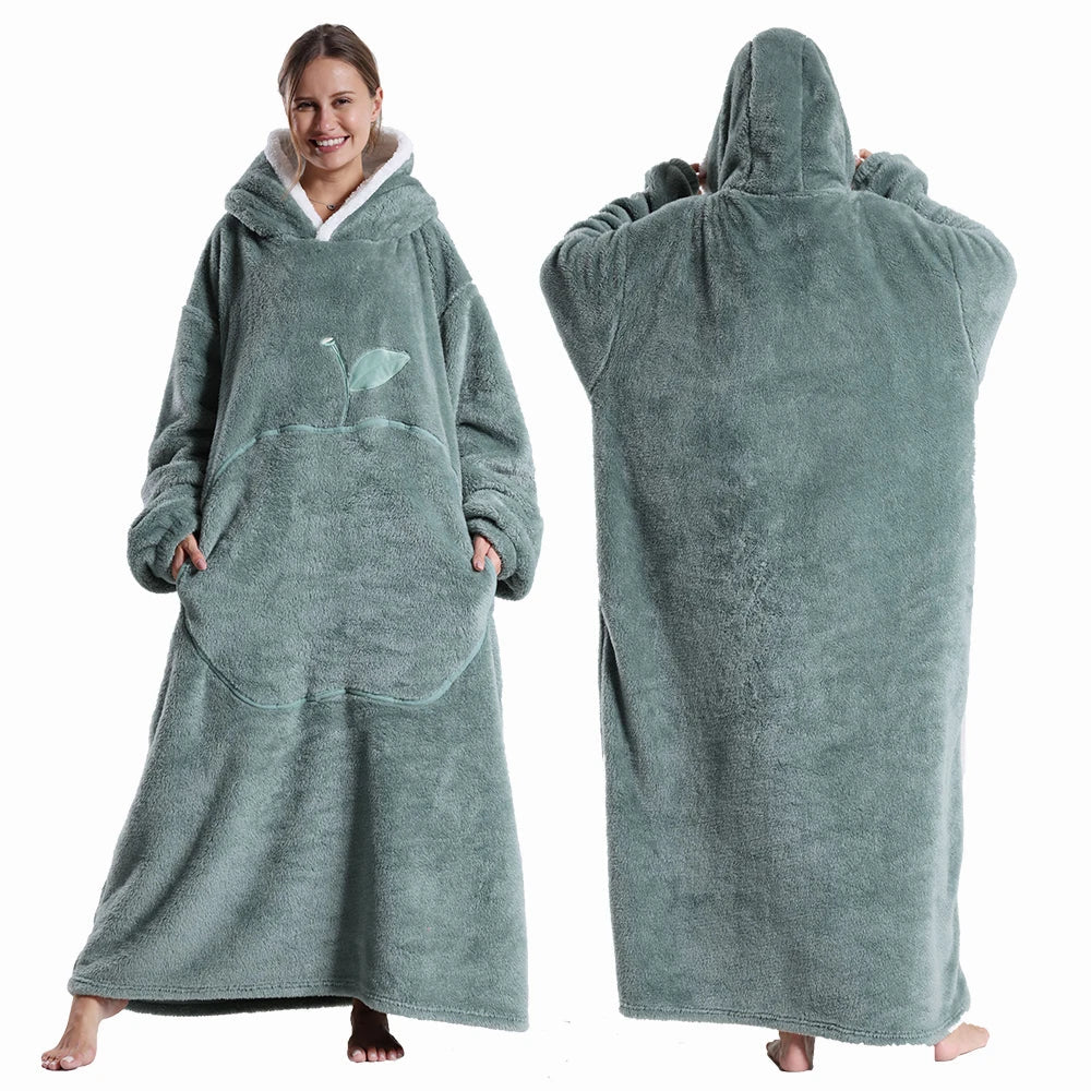 Extra Long Wearable Blankets Winter Flannel Hooded Blanket with Full Sleeves Men Women Cozy Soft Throw Adult TV Blanket - Velvet Haven