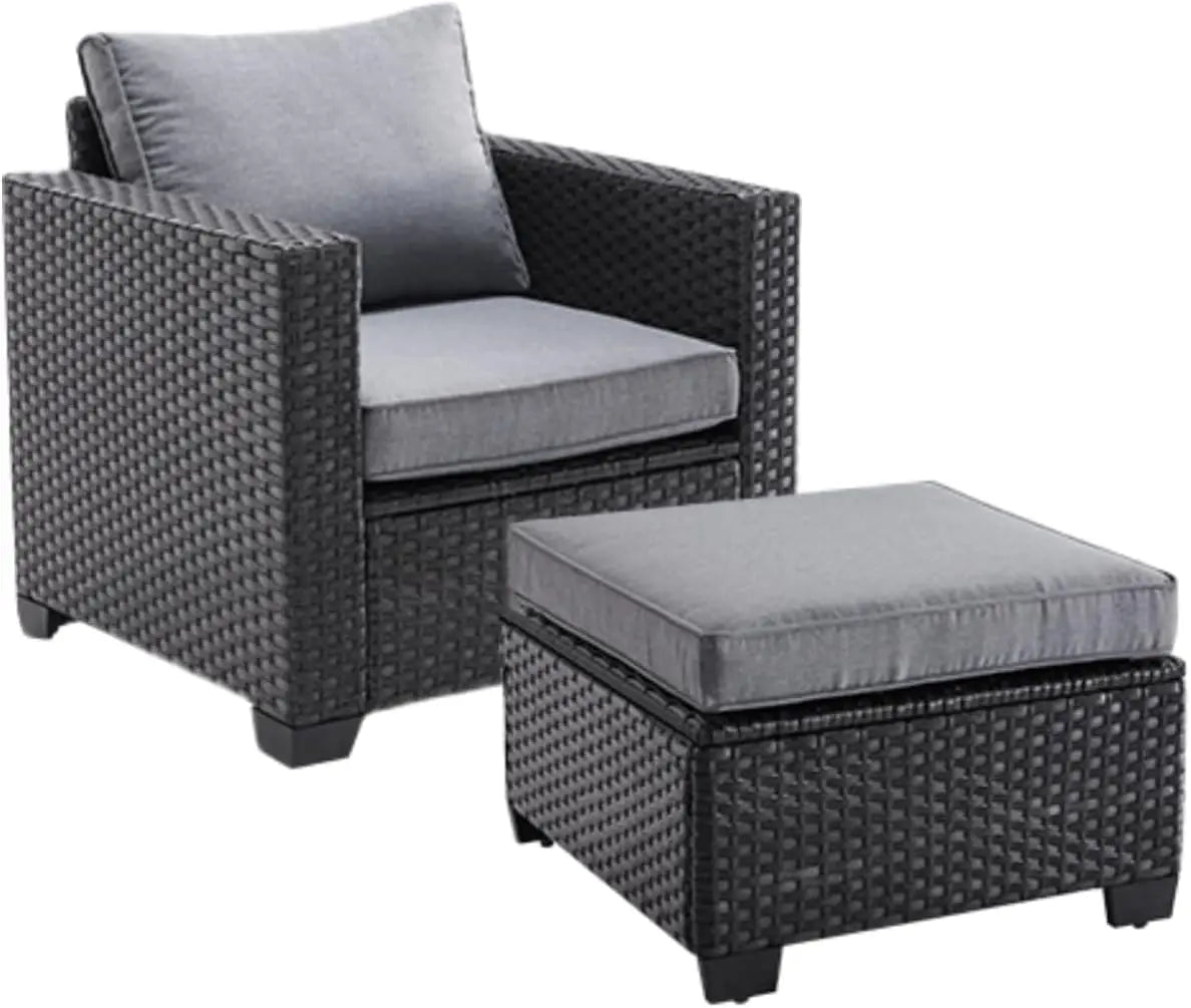 Farini outdoor patio sectional sofa set with gray wicker, dark gray water-resistant cushions, and matching ottoman