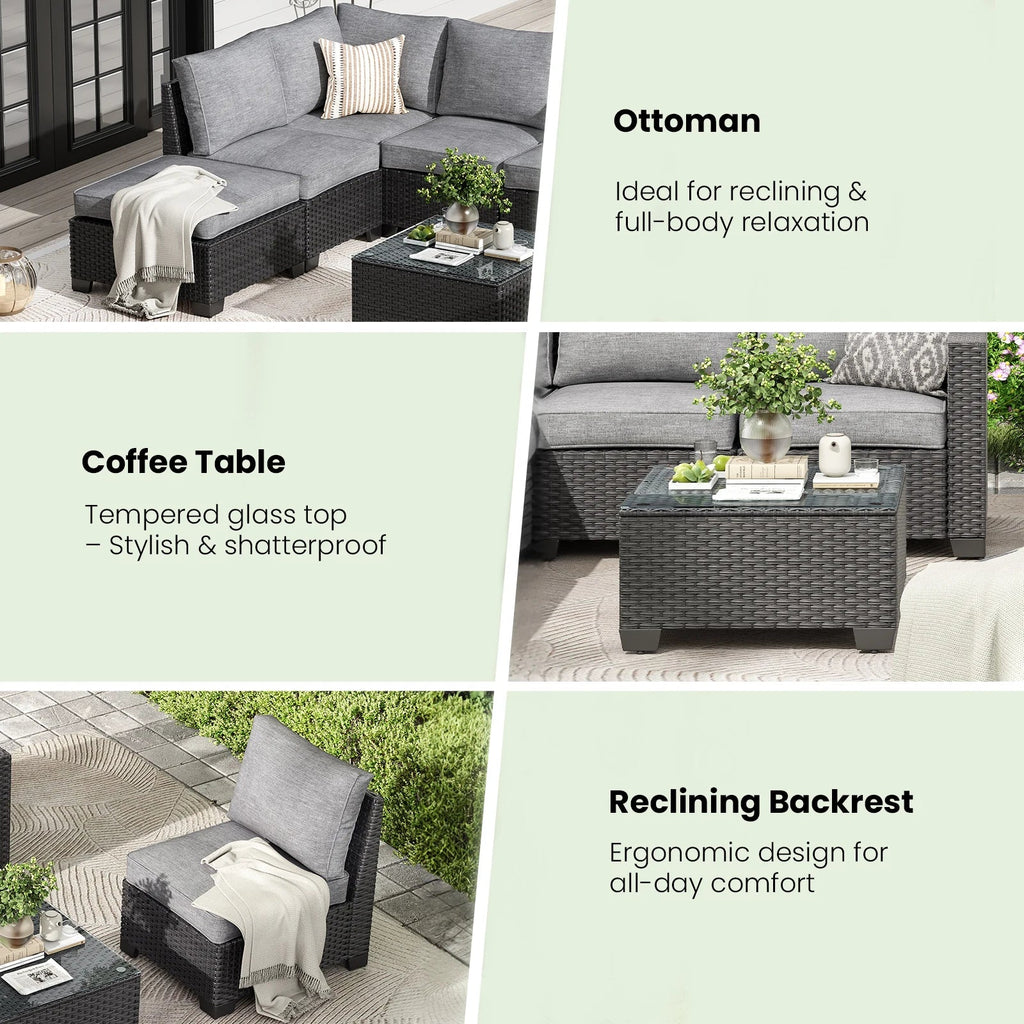 Farini outdoor patio sectional sofa set with gray wicker, dark gray water-resistant cushions, and matching ottoman
