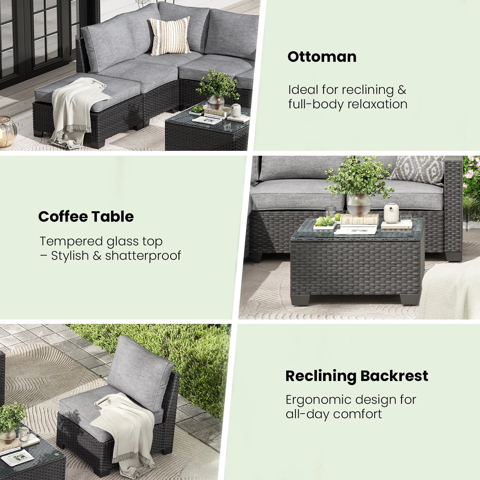 Farini outdoor patio sectional sofa set with gray wicker, dark gray water-resistant cushions, and matching ottoman