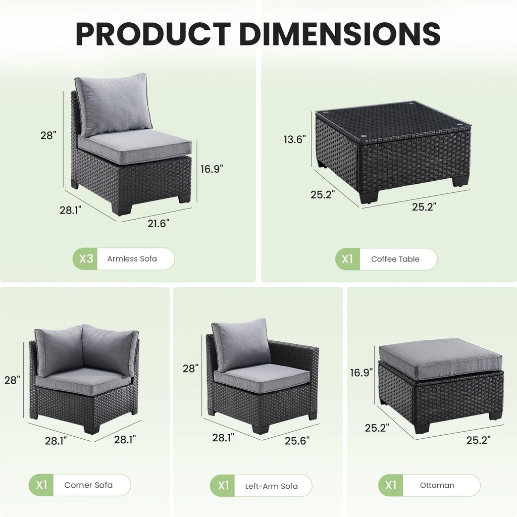 Farini outdoor patio sectional sofa set with gray wicker, dark gray water-resistant cushions, and matching ottoman