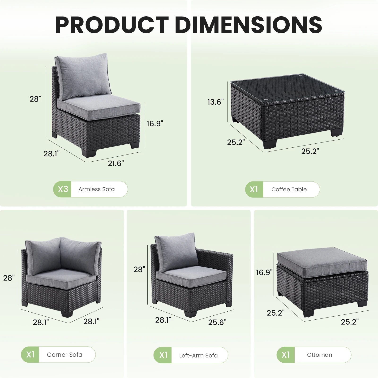 Farini outdoor patio sectional sofa set with gray wicker, dark gray water-resistant cushions, and matching ottoman