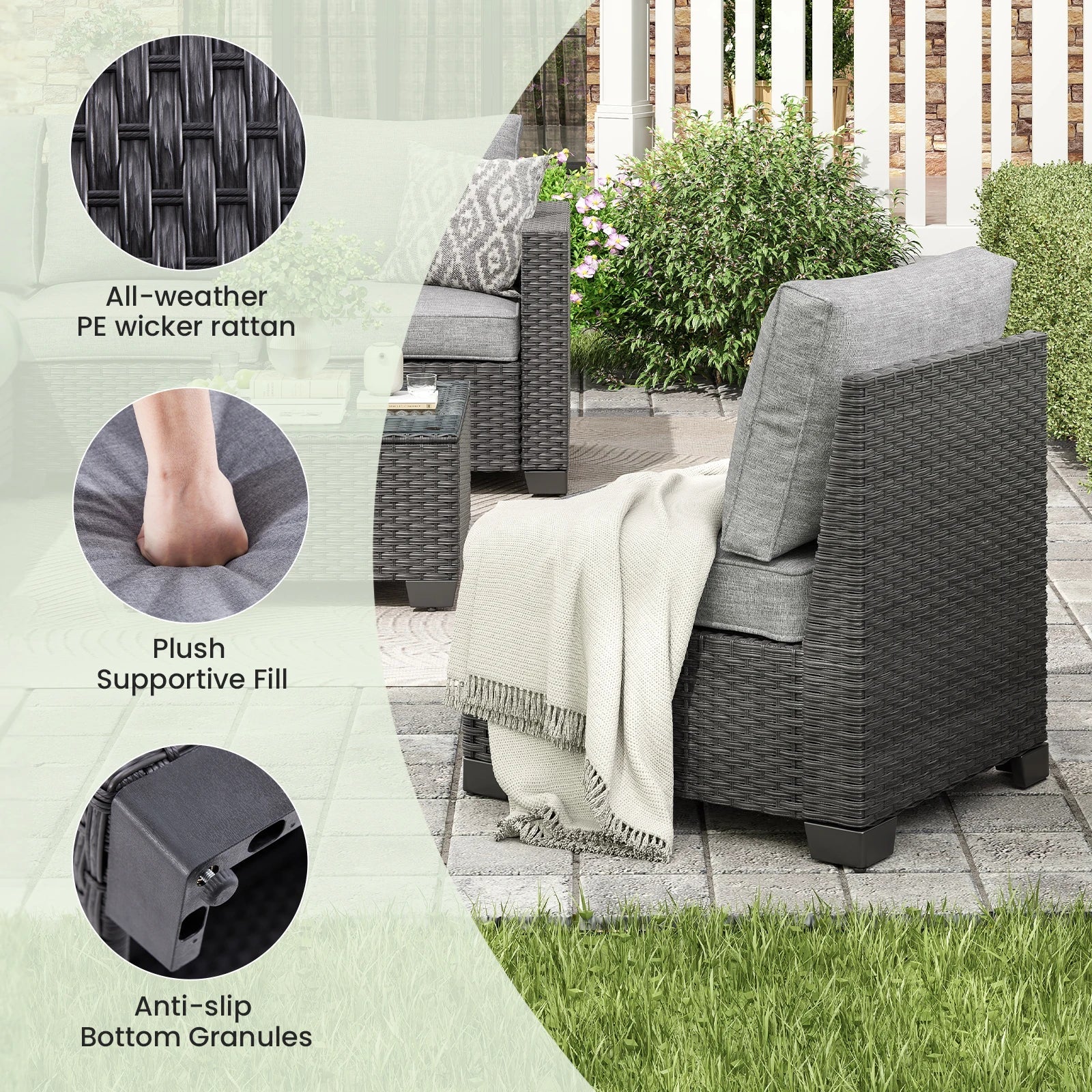 Farini outdoor patio sectional sofa set with gray wicker, dark gray water-resistant cushions, and matching ottoman