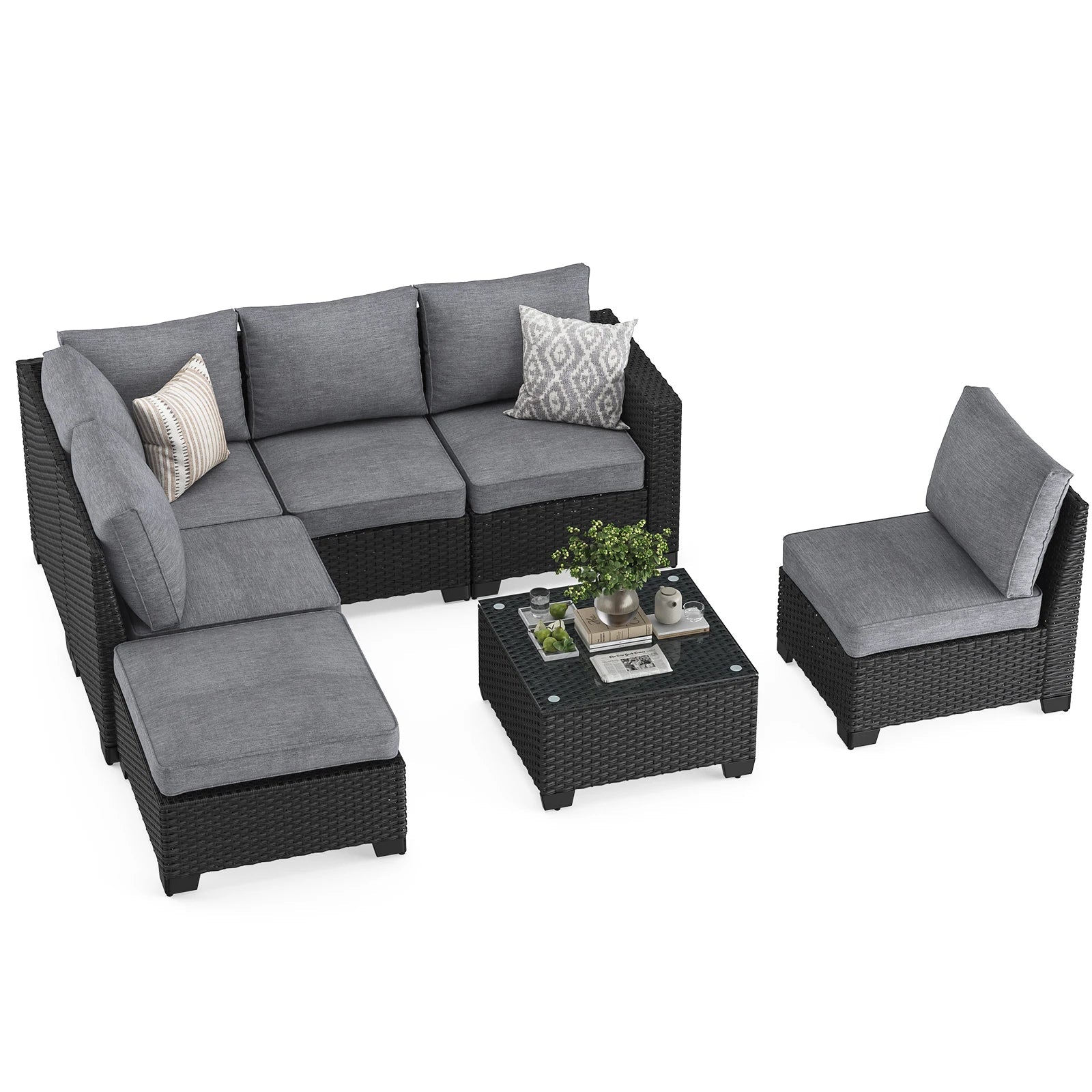 Farini outdoor patio sectional sofa set with gray wicker, dark gray water-resistant cushions, and matching ottoman