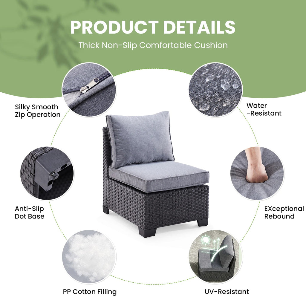 Farini outdoor patio sectional sofa set with gray wicker, dark gray water-resistant cushions, and matching ottoman