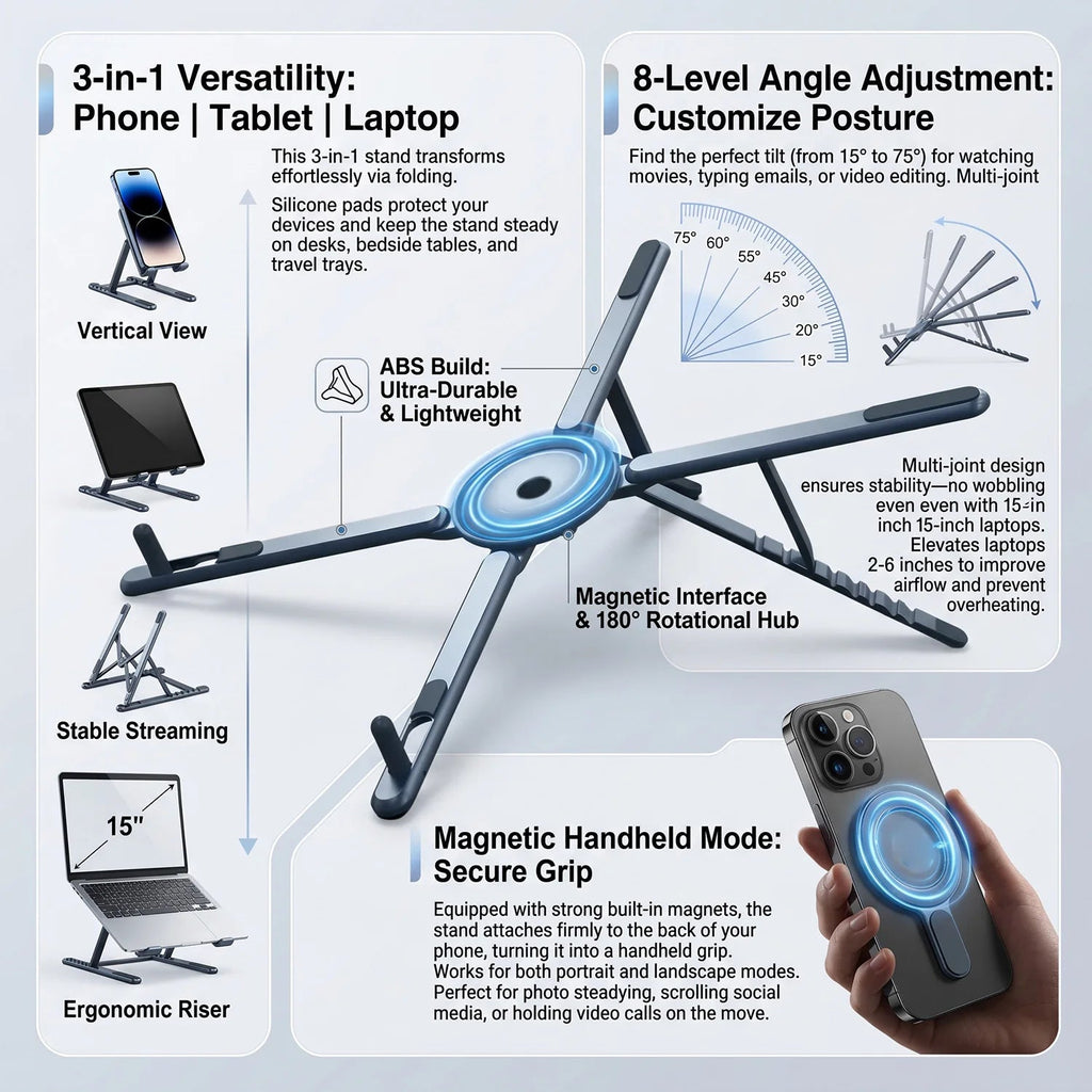 Foldable Magnetic Laptop Stand ABS Plastic Portable Adjustable Stand Heat Dissipation Holder for Smart Phone Tablet Notebook - Velvet Haven