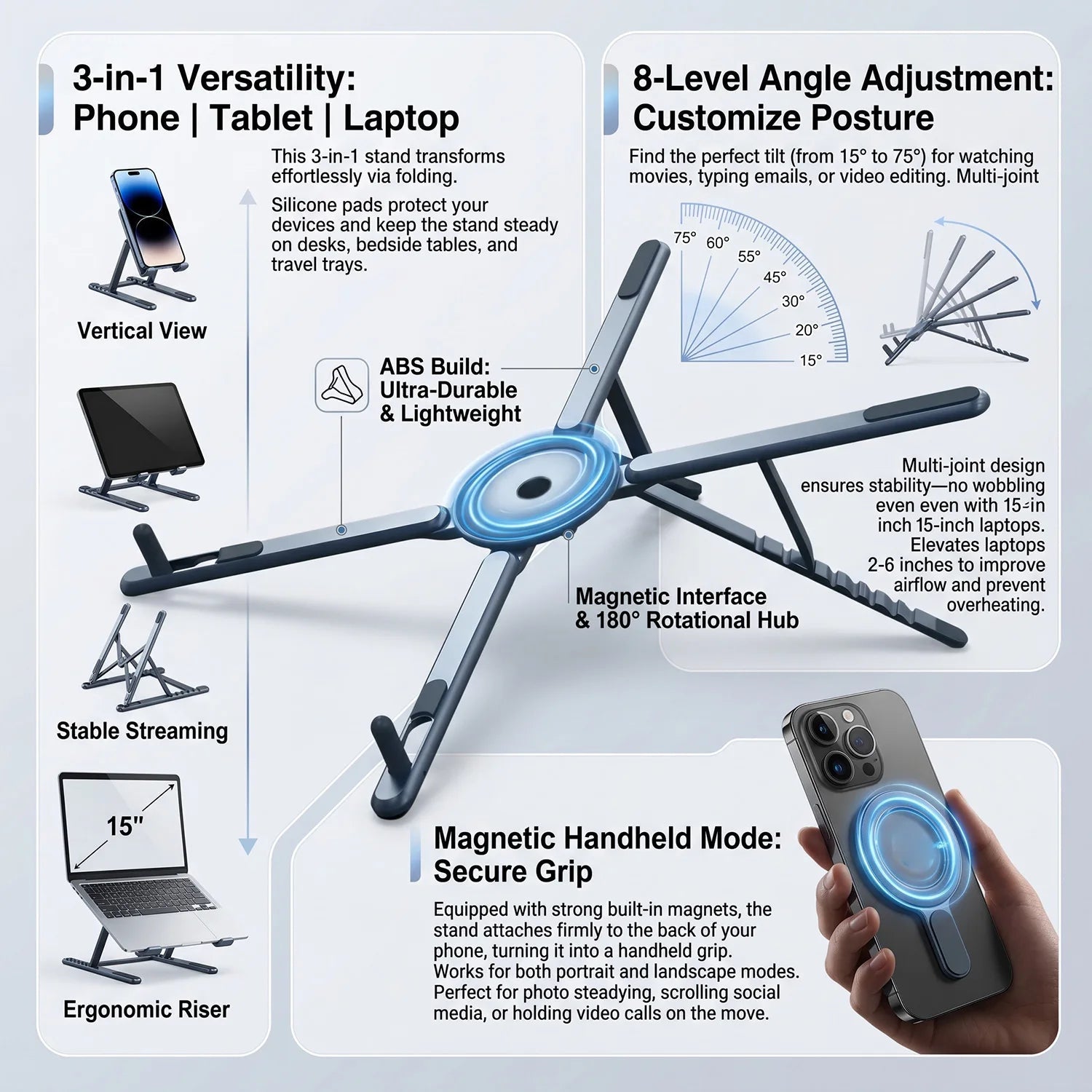 Foldable Magnetic Laptop Stand ABS Plastic Portable Adjustable Stand Heat Dissipation Holder for Smart Phone Tablet Notebook - Velvet Haven
