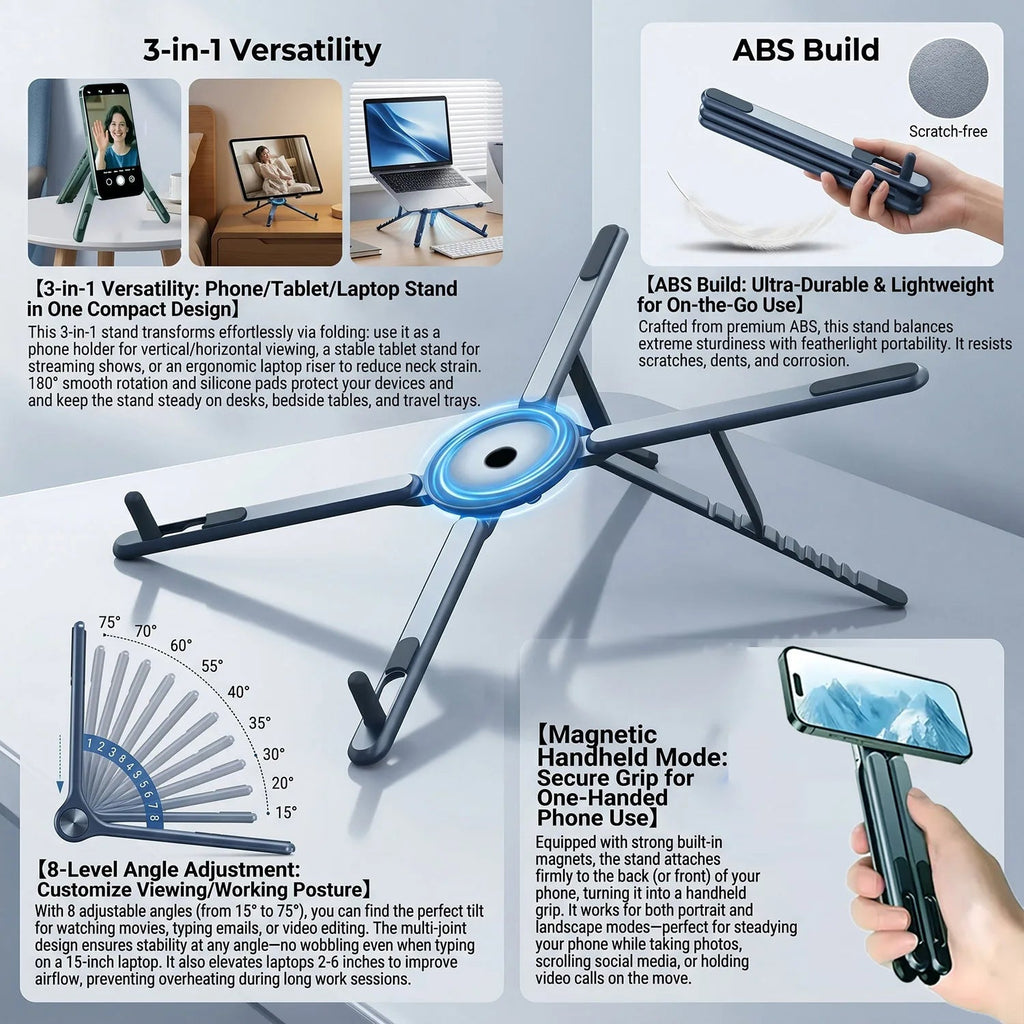 Foldable Magnetic Laptop Stand ABS Plastic Portable Adjustable Stand Heat Dissipation Holder for Smart Phone Tablet Notebook - Velvet Haven