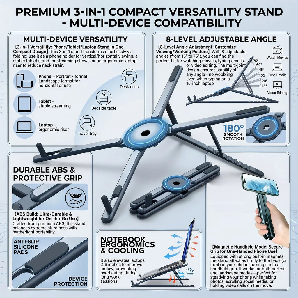 Foldable Magnetic Laptop Stand ABS Plastic Portable Adjustable Stand Heat Dissipation Holder for Smart Phone Tablet Notebook - Velvet Haven