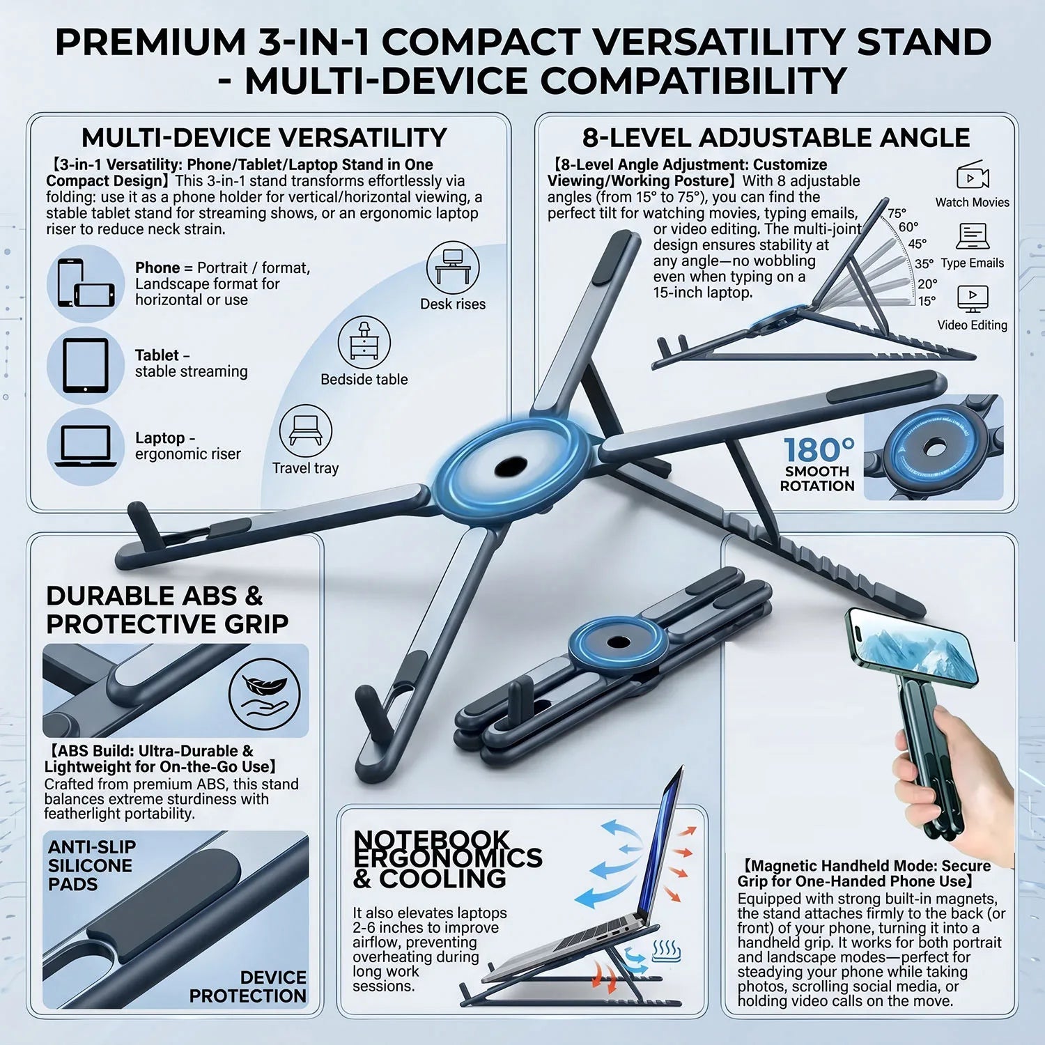 Foldable Magnetic Laptop Stand ABS Plastic Portable Adjustable Stand Heat Dissipation Holder for Smart Phone Tablet Notebook - Velvet Haven