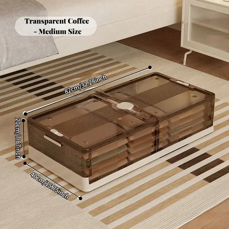 Foldable Under Bed Storage Box with Clear Transparent Flip Lid & Built-in Rolling Wheels, Collapsible Stackable Plastic Underbed Storage Container with Side Gripping Handles, Dustproof Low Profile Organizer for Clothes, Blank - Velvet Haven