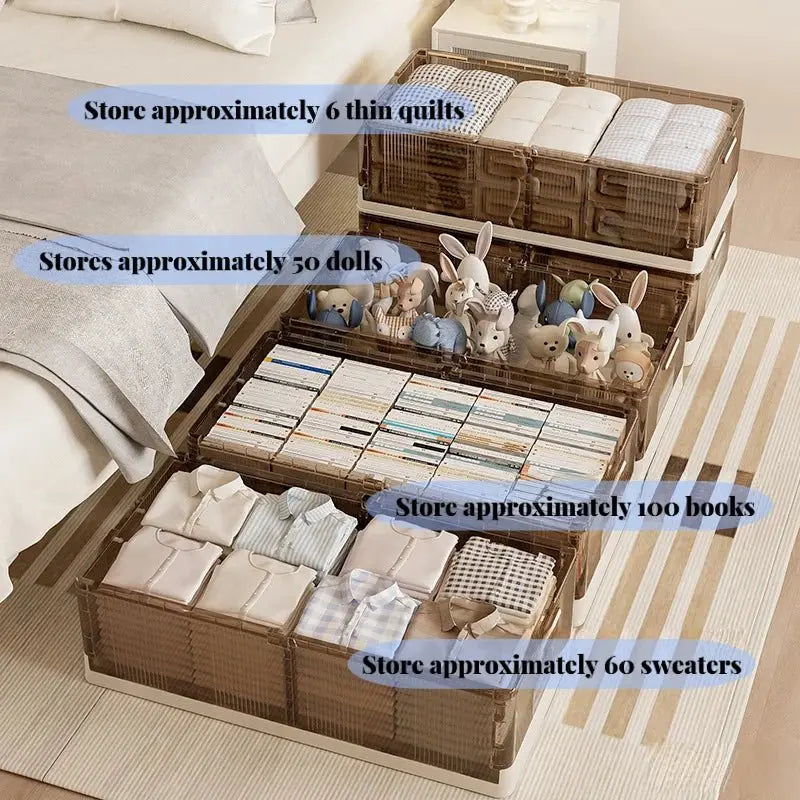 Foldable Under Bed Storage Box with Clear Transparent Flip Lid & Built-in Rolling Wheels, Collapsible Stackable Plastic Underbed Storage Container with Side Gripping Handles, Dustproof Low Profile Organizer for Clothes, Blank - Velvet Haven