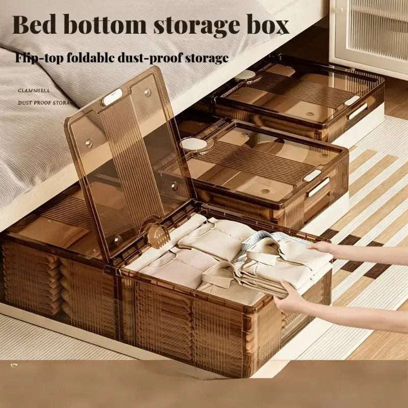 Foldable Under Bed Storage Box with Clear Transparent Flip Lid & Built-in Rolling Wheels, Collapsible Stackable Plastic Underbed Storage Container with Side Gripping Handles, Dustproof Low Profile Organizer for Clothes, Blank - Velvet Haven