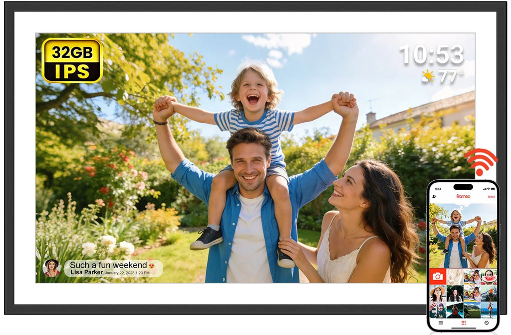 FRAMEO 15.6 Inch 32GB Large Digital Photo Frame, Digital Picture Frame WiFi, IPS HD Touch Screen, Photo Frame with Auto-Rotate - Velvet Haven