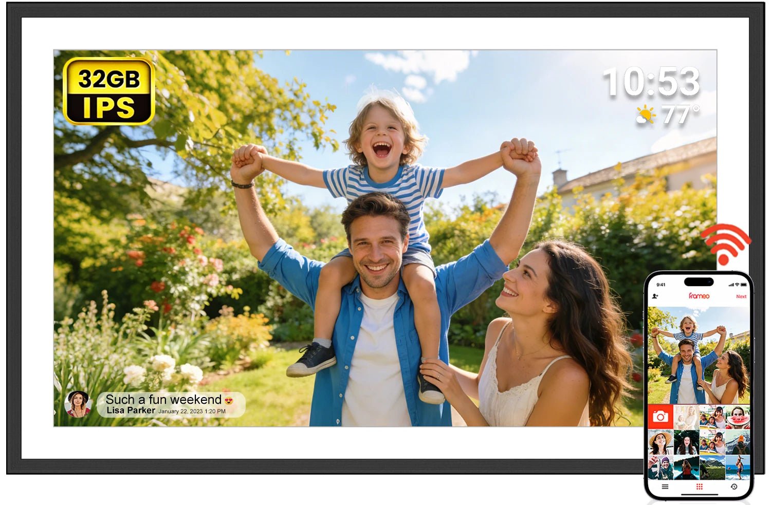 FRAMEO 15.6 Inch 32GB Large Digital Photo Frame, Digital Picture Frame WiFi, IPS HD Touch Screen, Photo Frame with Auto-Rotate - Velvet Haven